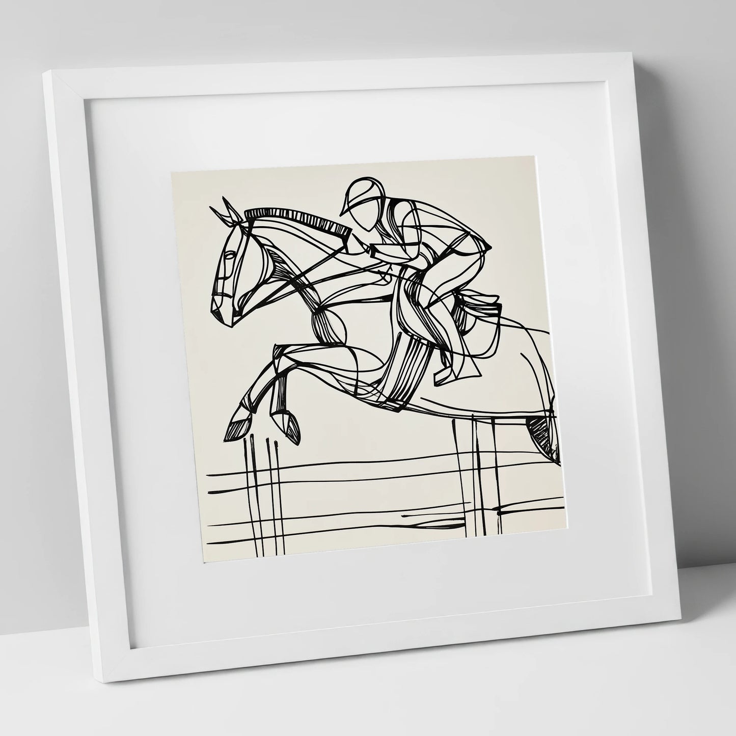 The Perfect Arc show jumping horse art print in white frame