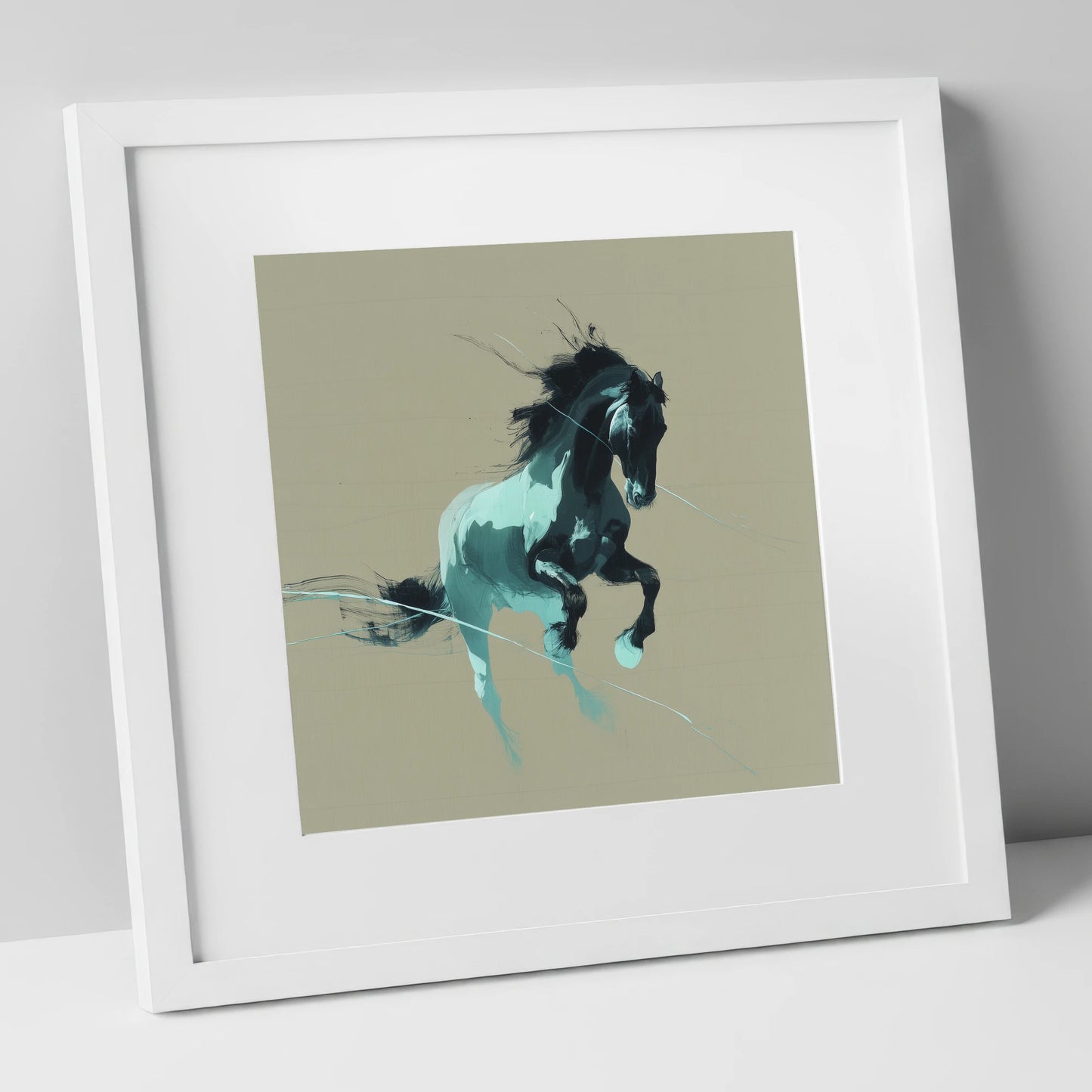 Dynamic Teal Stallion horse breed art print in white frame