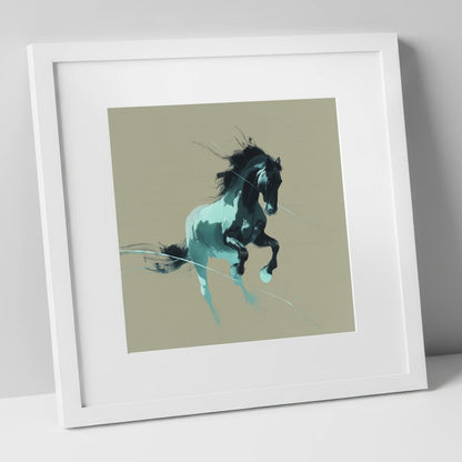 Dynamic Teal Stallion horse breed art print in white frame