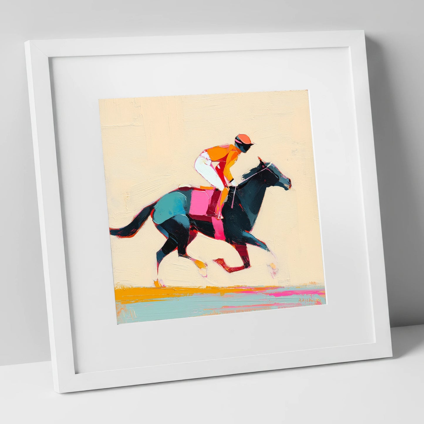Colour on the Turf racing horse art print in white frame
