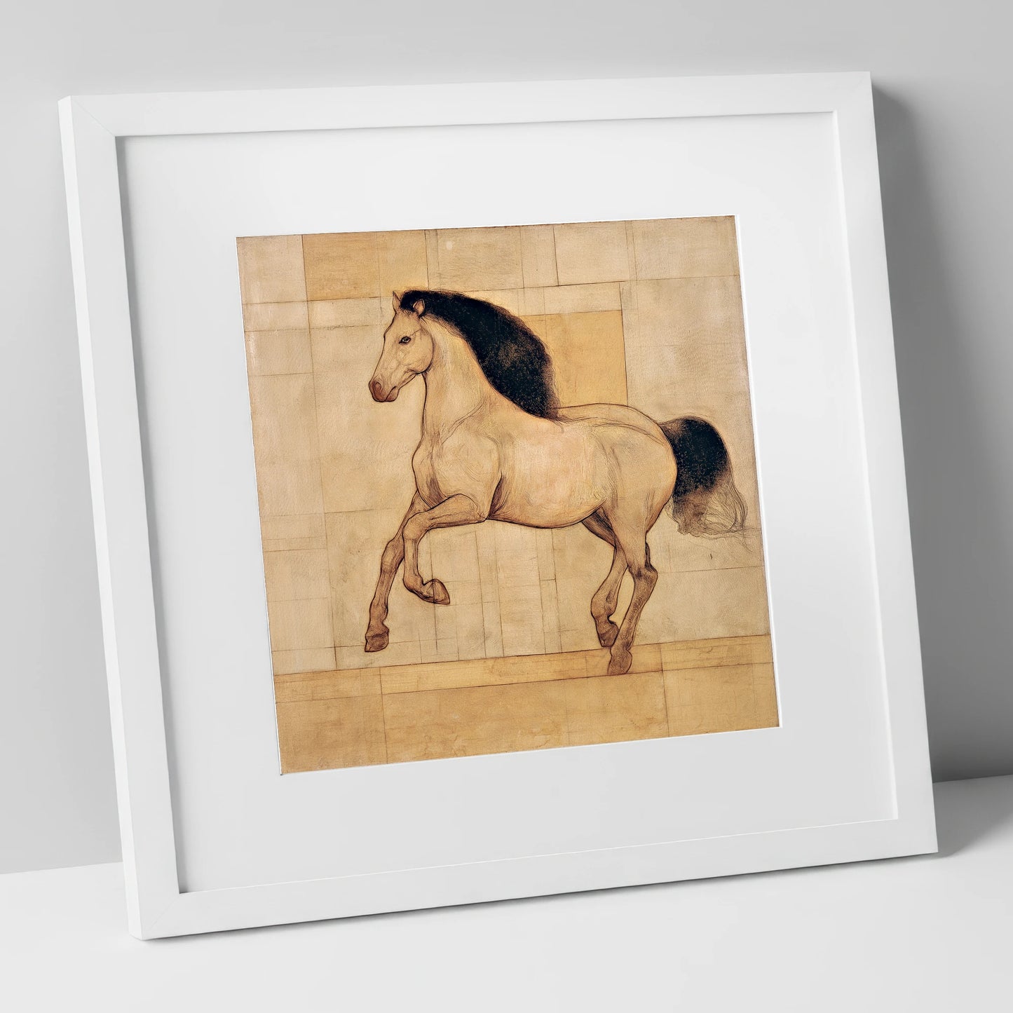 Classical Equine Study horse portrait art print in white frame