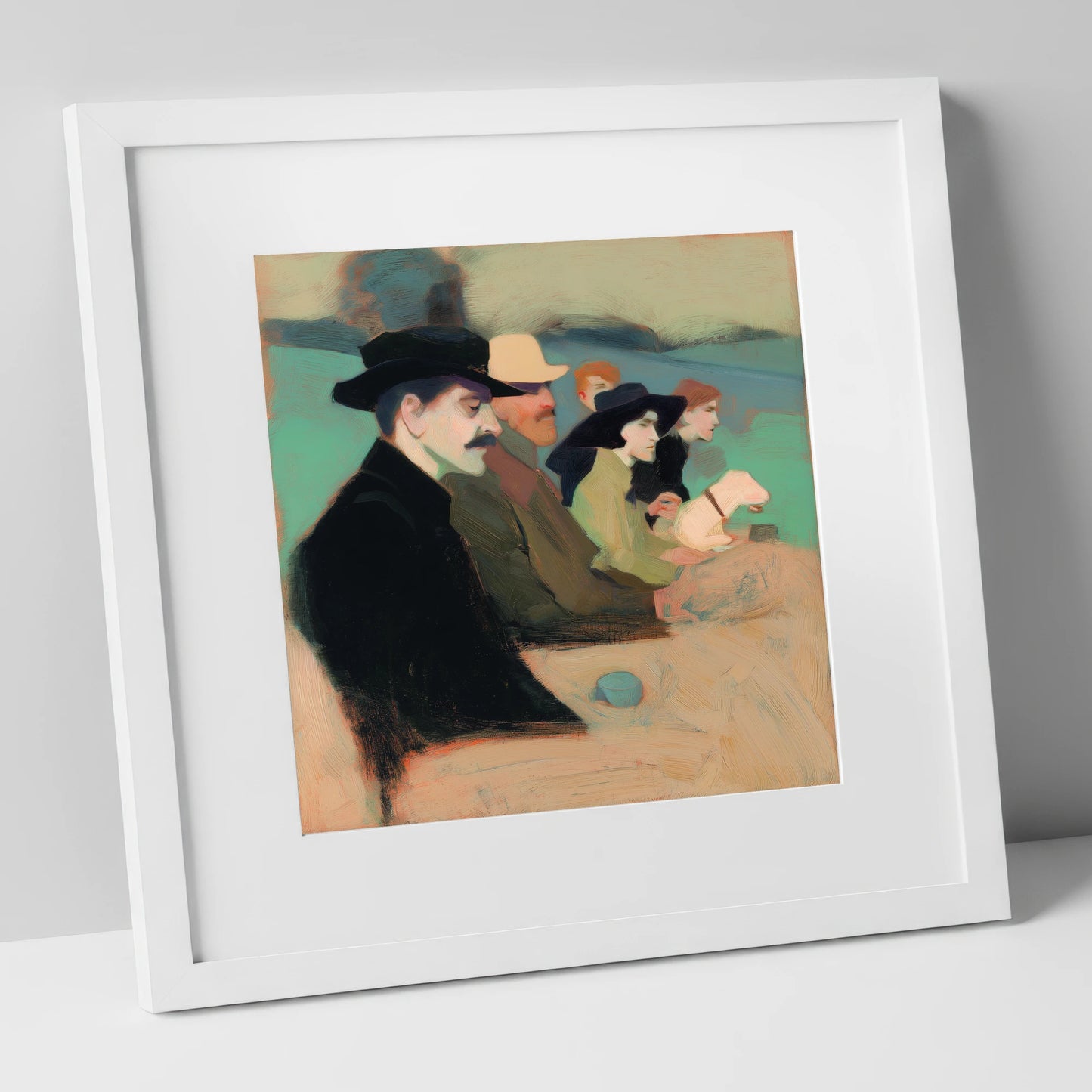 Gathering at the Rails racing horse art print in white frame