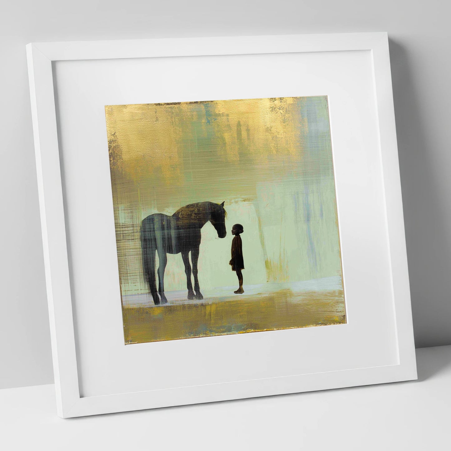 A Quiet Understanding horse & rider art print in white frame
