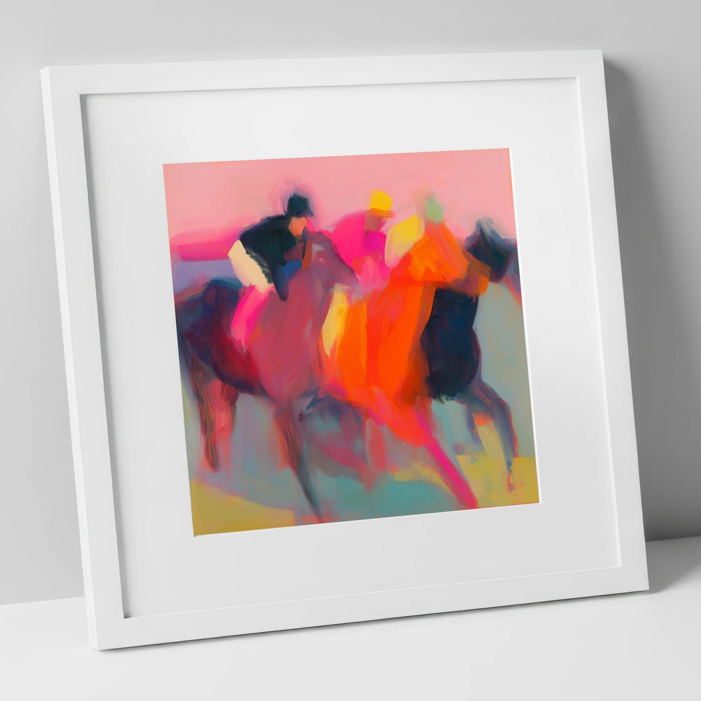 Thundering Silks racing horse art print in white frame