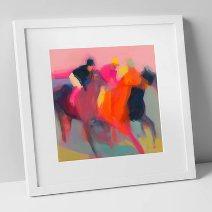 Thundering Silks racing horse art print in white frame