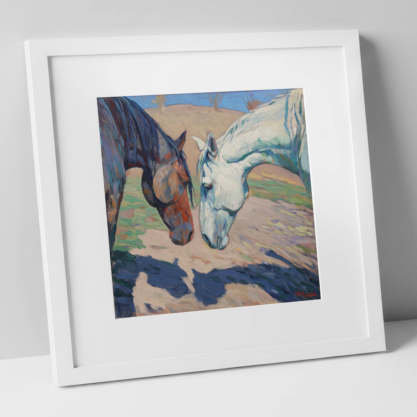 Sunlit Companions horse portrait art print in white frame