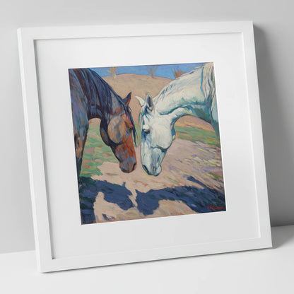 Sunlit Companions horse portrait art print in white frame