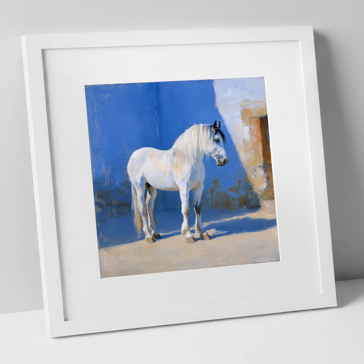 Luminous Sunlit Grey horse breed art print in white frame