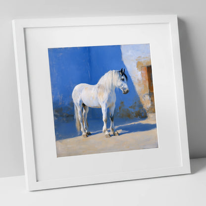 Luminous Sunlit Grey horse breed art print in white frame