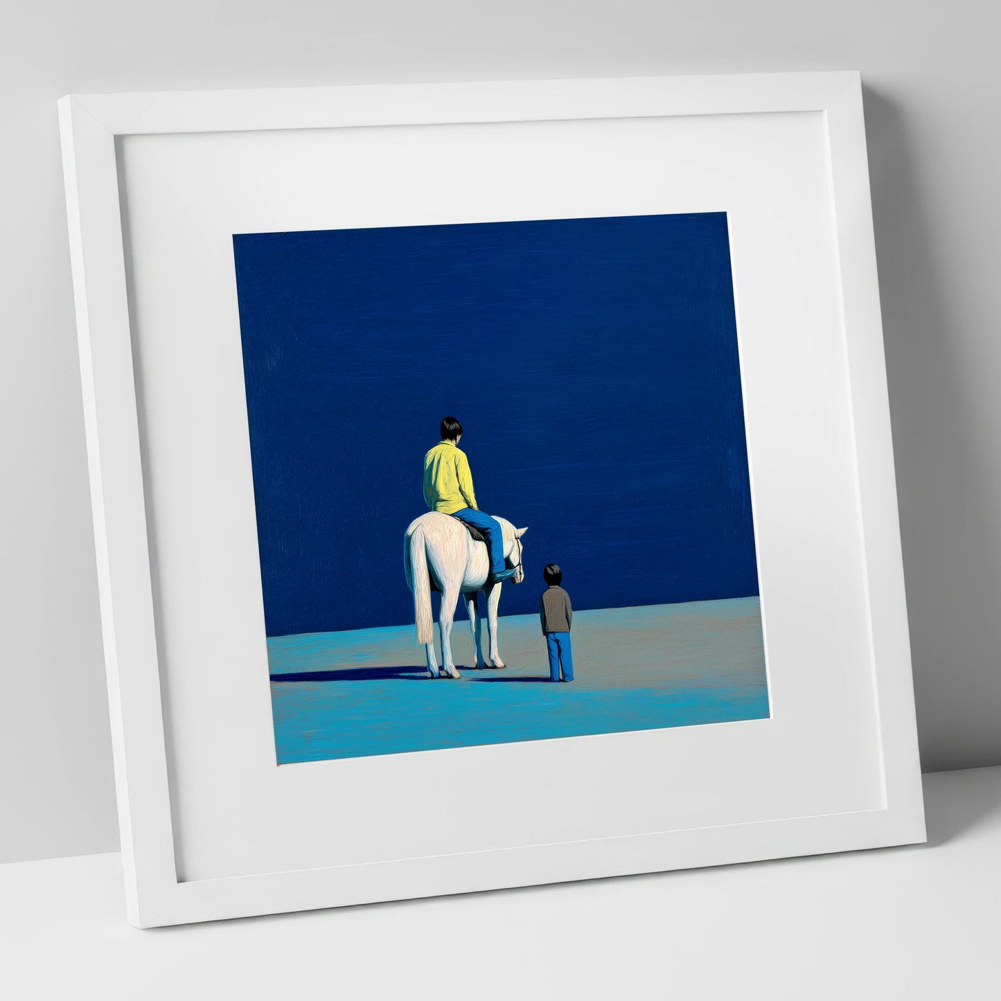 The Quiet Expanse horse & rider art print in white frame