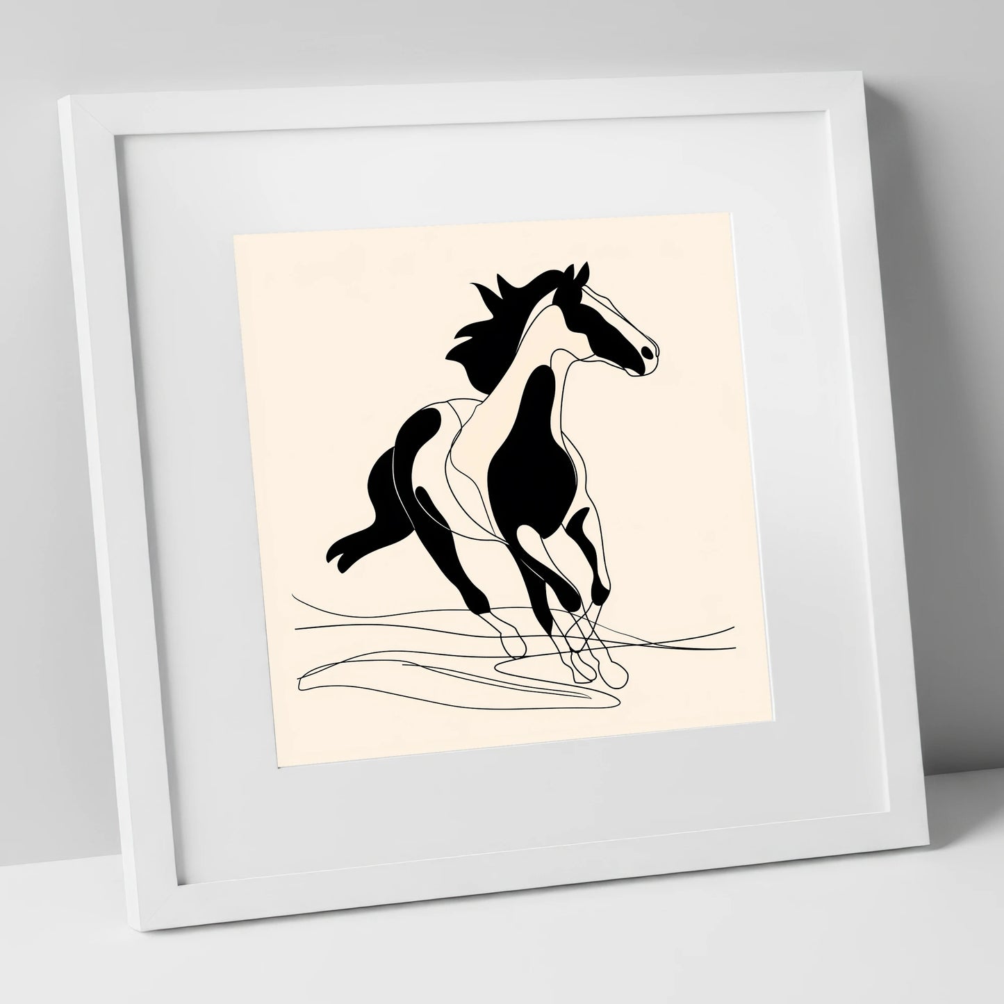 Fluid Equine Silhouette wild horses art print in white frame