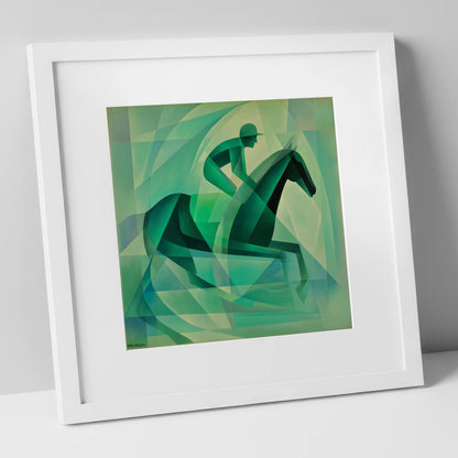 Verdant Stride racing horse art print in white frame