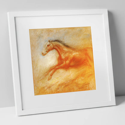 The Golden Gallop racing horse art print in white frame