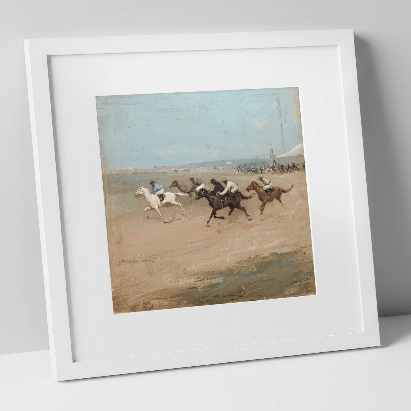 Gallop on the Sands racing horse art print in white frame