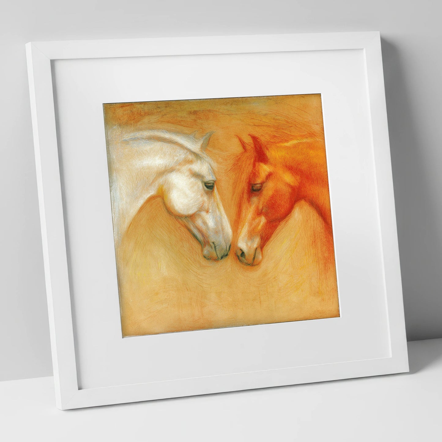 The Quiet Connection horse portrait art print in white frame