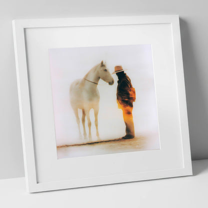 The Quiet Accord western horse art print in white frame