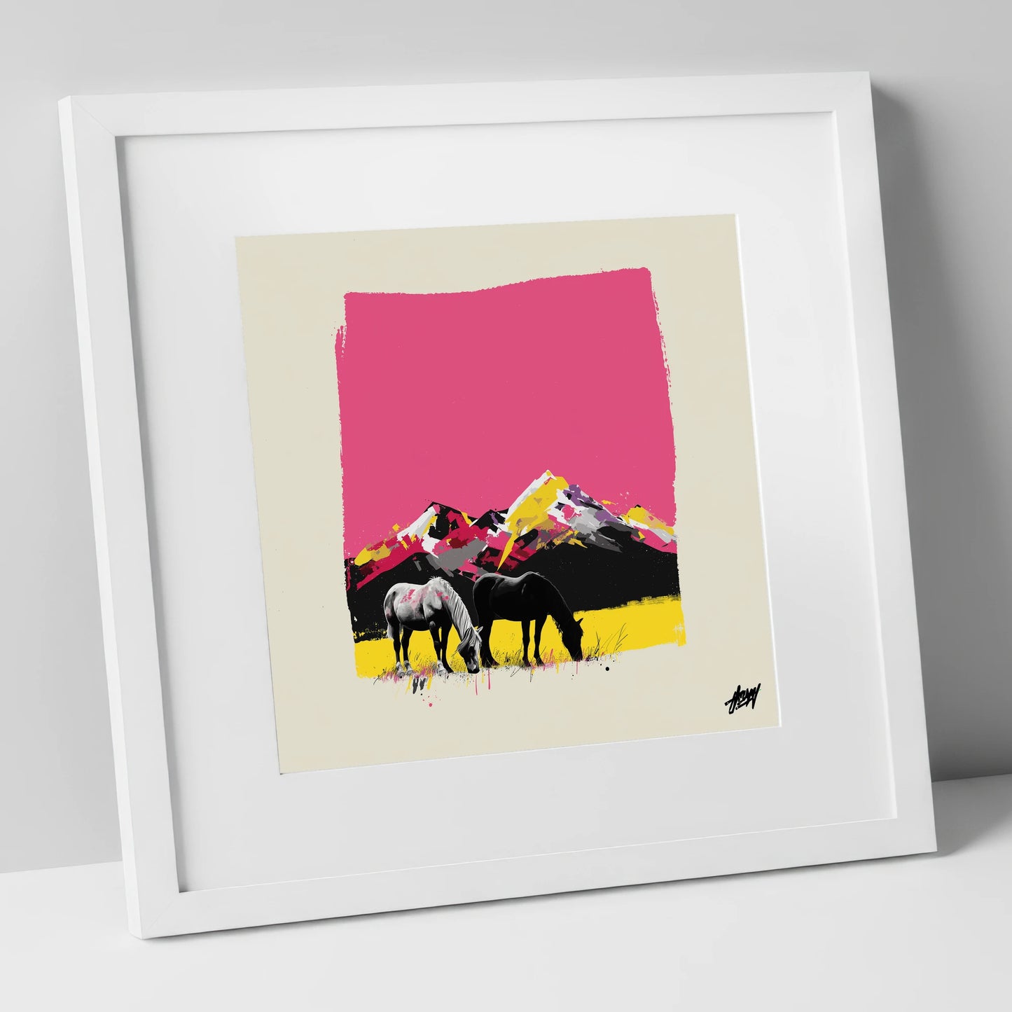 Vibrant Mountain Pastures horse landscape art print in white frame