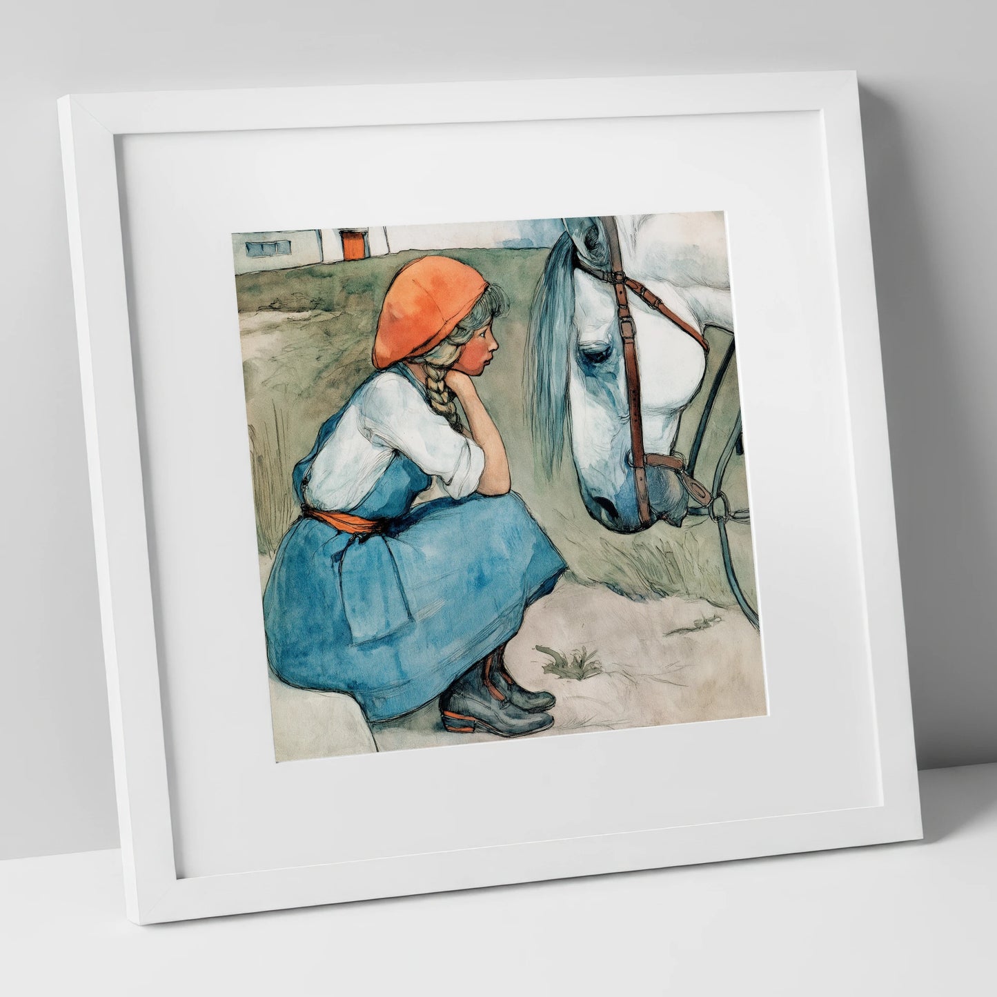 Quiet Moments Together horse & rider art print in white frame