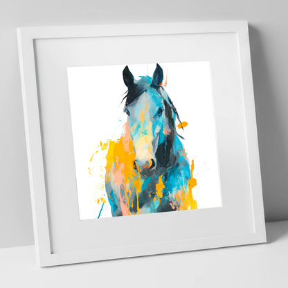 Teal and Amber Gaze horse portrait art print in white frame