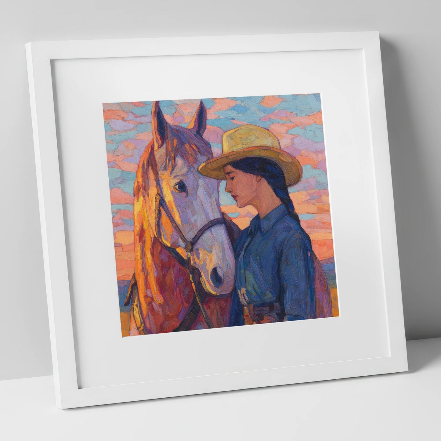 The Sundown Bond horse & rider art print in white frame