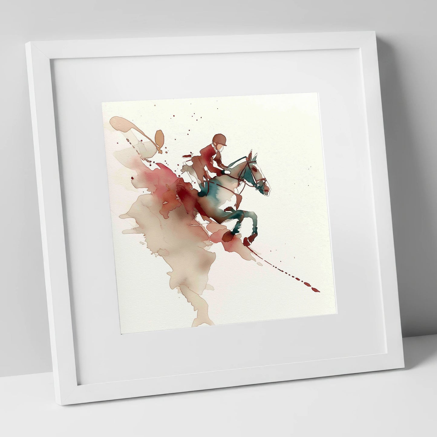 Suspended Momentum show jumping horse art print in white frame