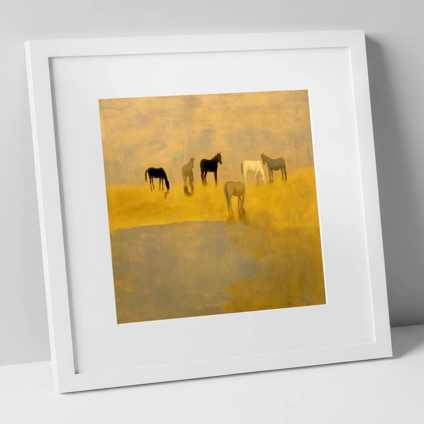 Golden Haze Grazing wild horses art print in white frame
