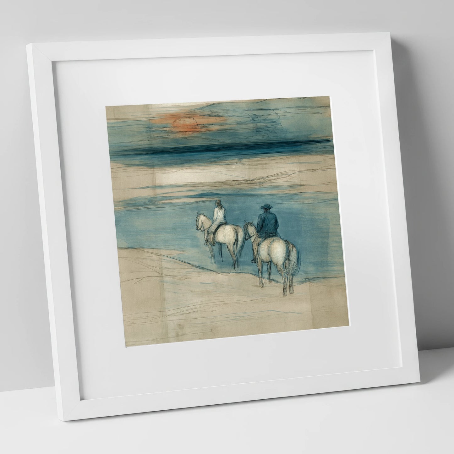 Twilight Shoreline Ride horse landscape art print in white frame