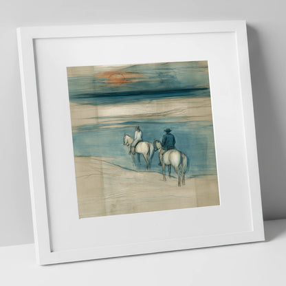 Twilight Shoreline Ride horse landscape art print in white frame