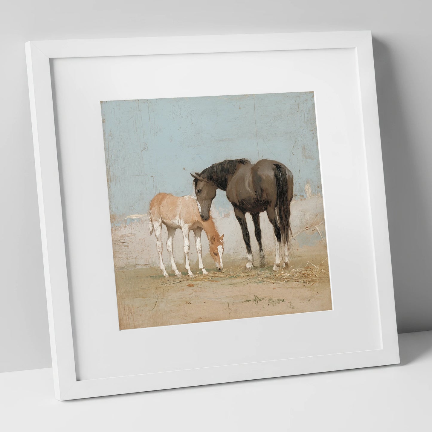 A Quiet Bond mare & foal art print in white frame