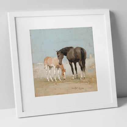 A Quiet Bond mare & foal art print in white frame