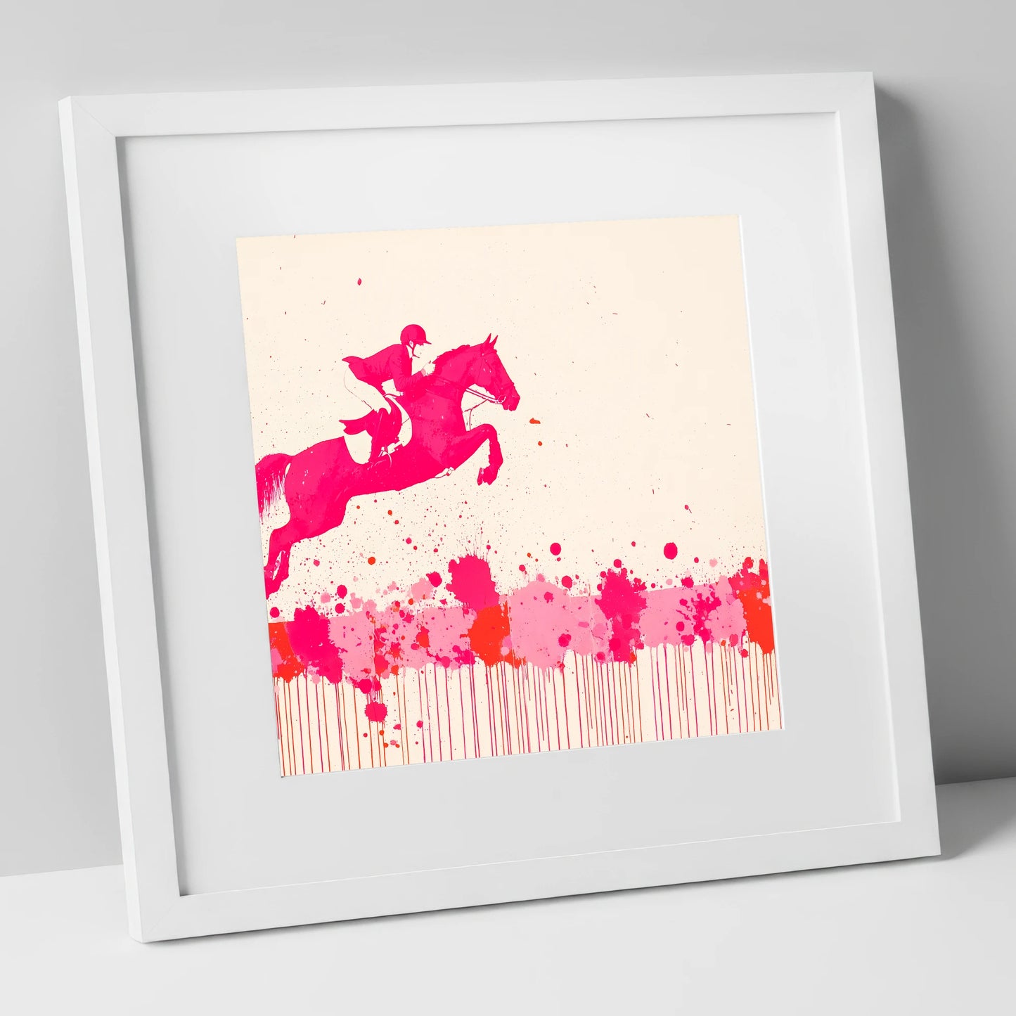 Magenta Flight show jumping horse art print in white frame