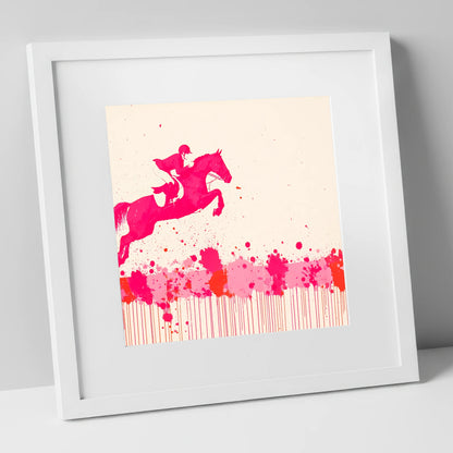 Magenta Flight show jumping horse art print in white frame
