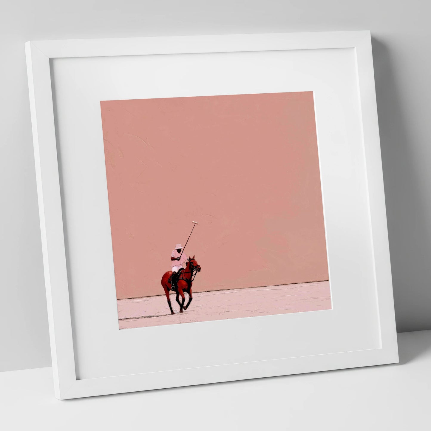 Dusty Rose Chukka polo horse art print in white frame