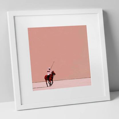Dusty Rose Chukka polo horse art print in white frame