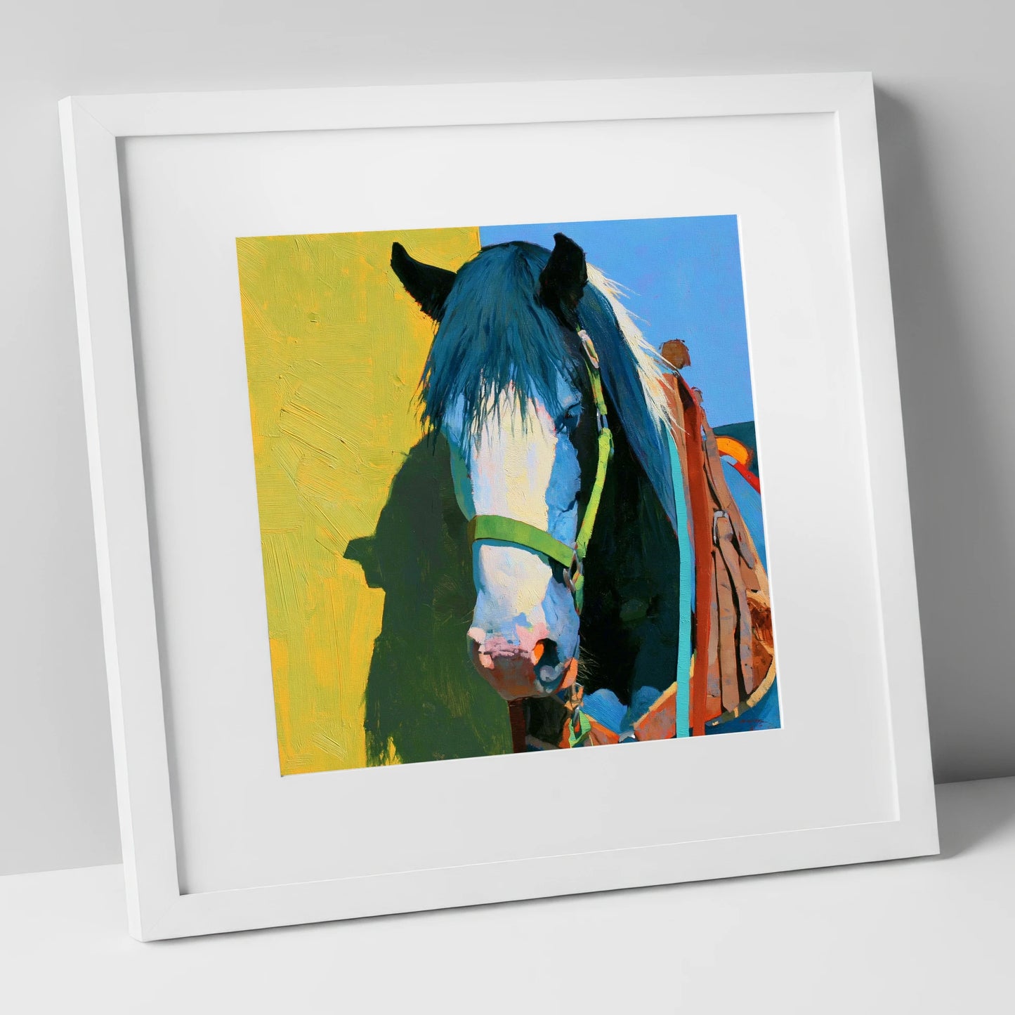 Tacked Horse Against Yellow Wall horse breed art print in white frame