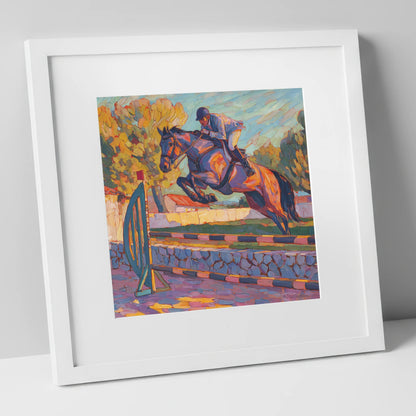 Sunset Flight show jumping horse art print in white frame