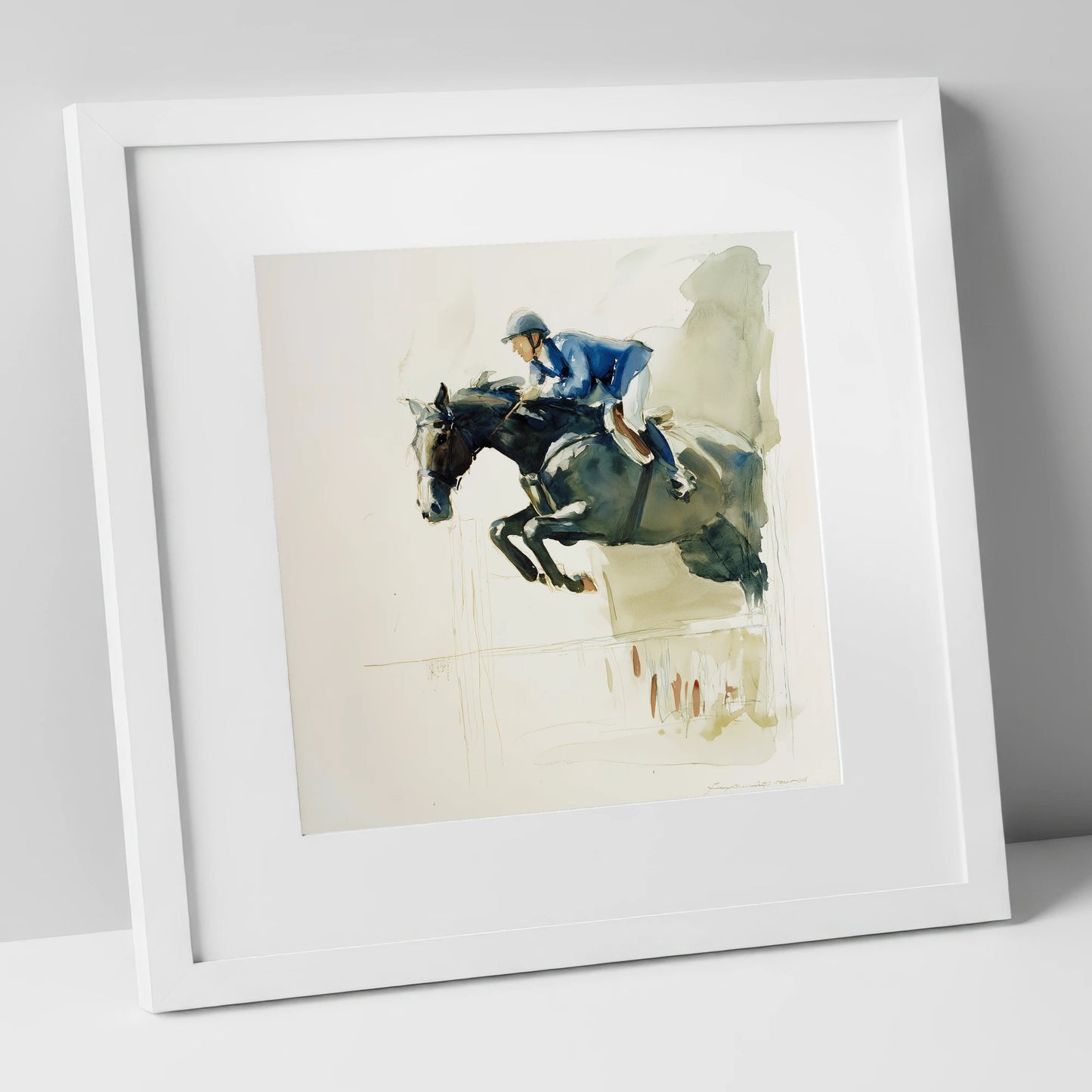 Suspended Grace show jumping horse art print in white frame