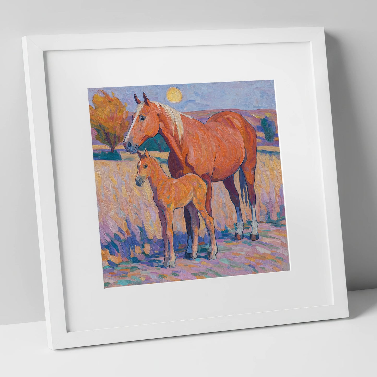 Radiant Chestnut Bond mare & foal art print in white frame