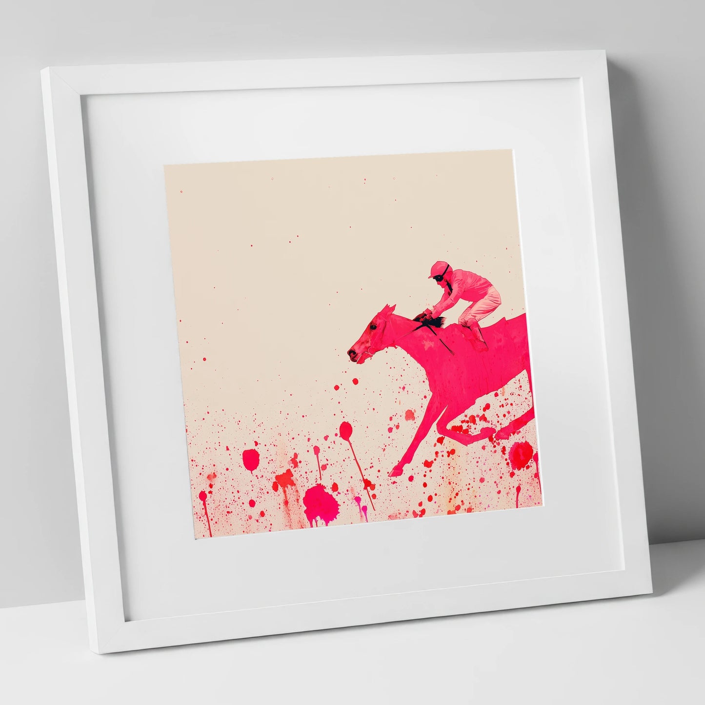 Velocity in Magenta racing horse art print in white frame
