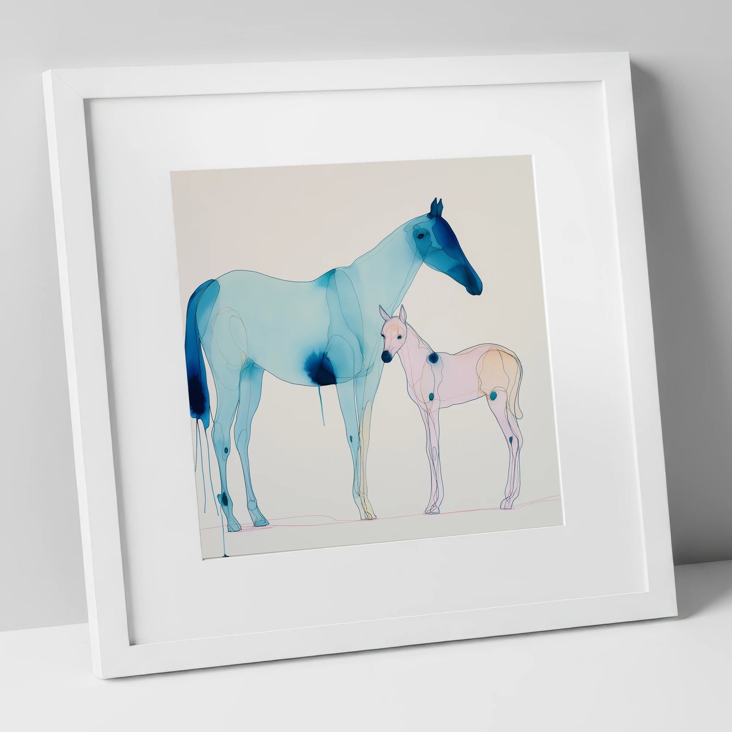 Cerulean Bond mare & foal art print in white frame