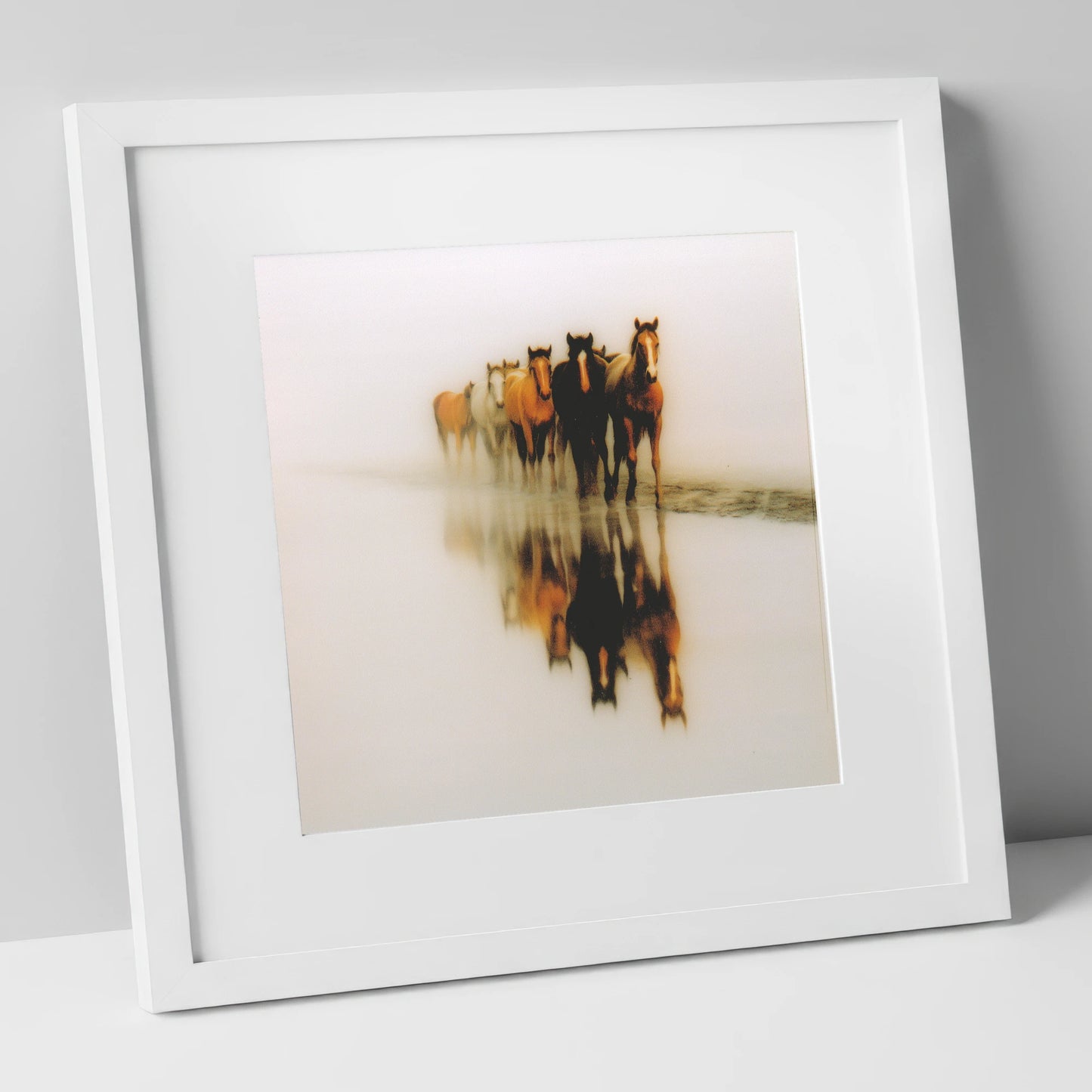 Emerging From The Mist wild horses art print in white frame