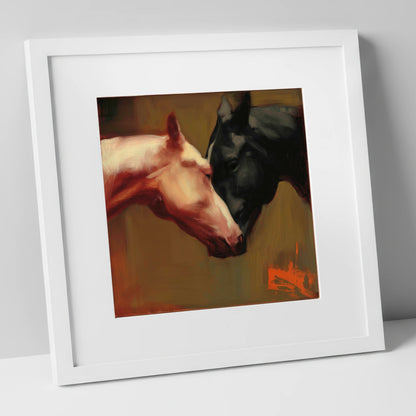 Silent Communion horse portrait art print in white frame
