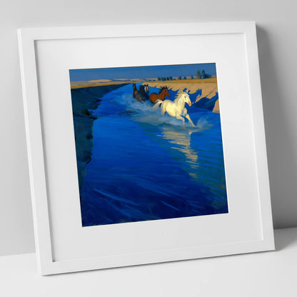 Azure Water Crossing wild horses art print in white frame
