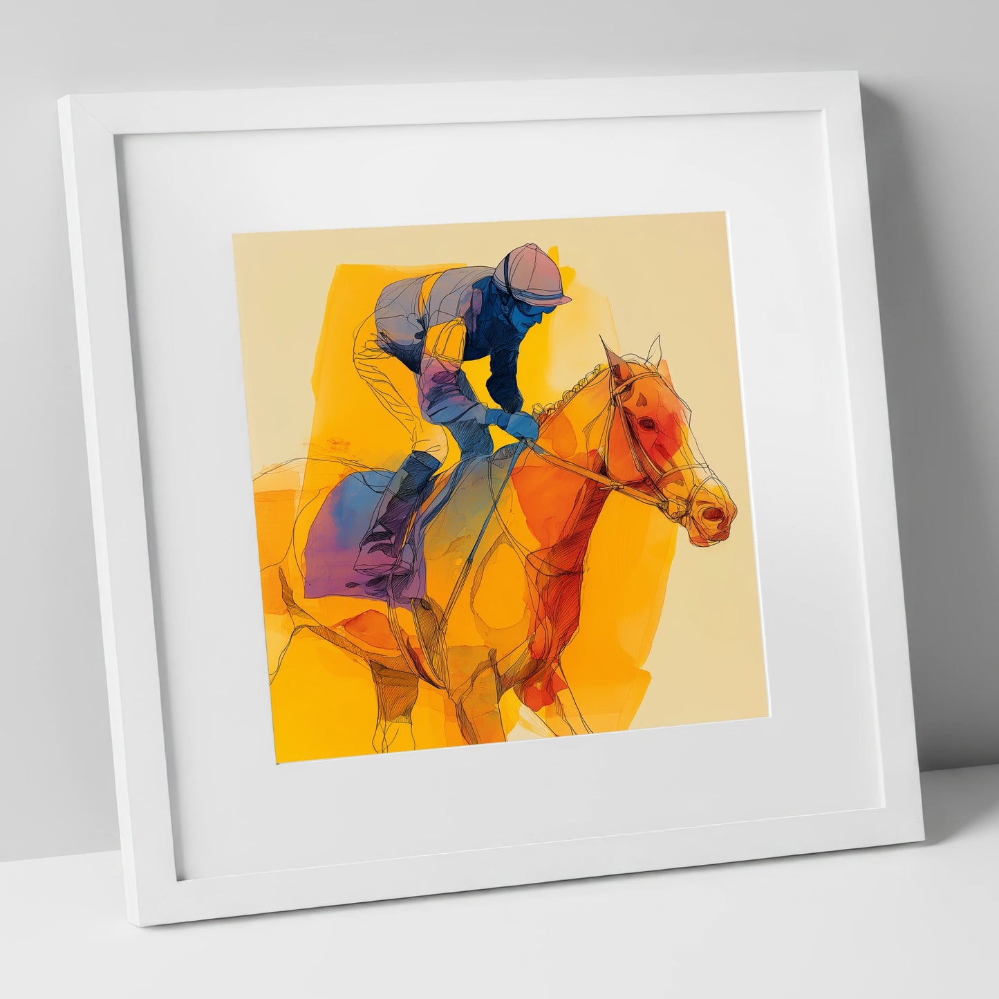 The Final Furlong racing horse art print in white frame