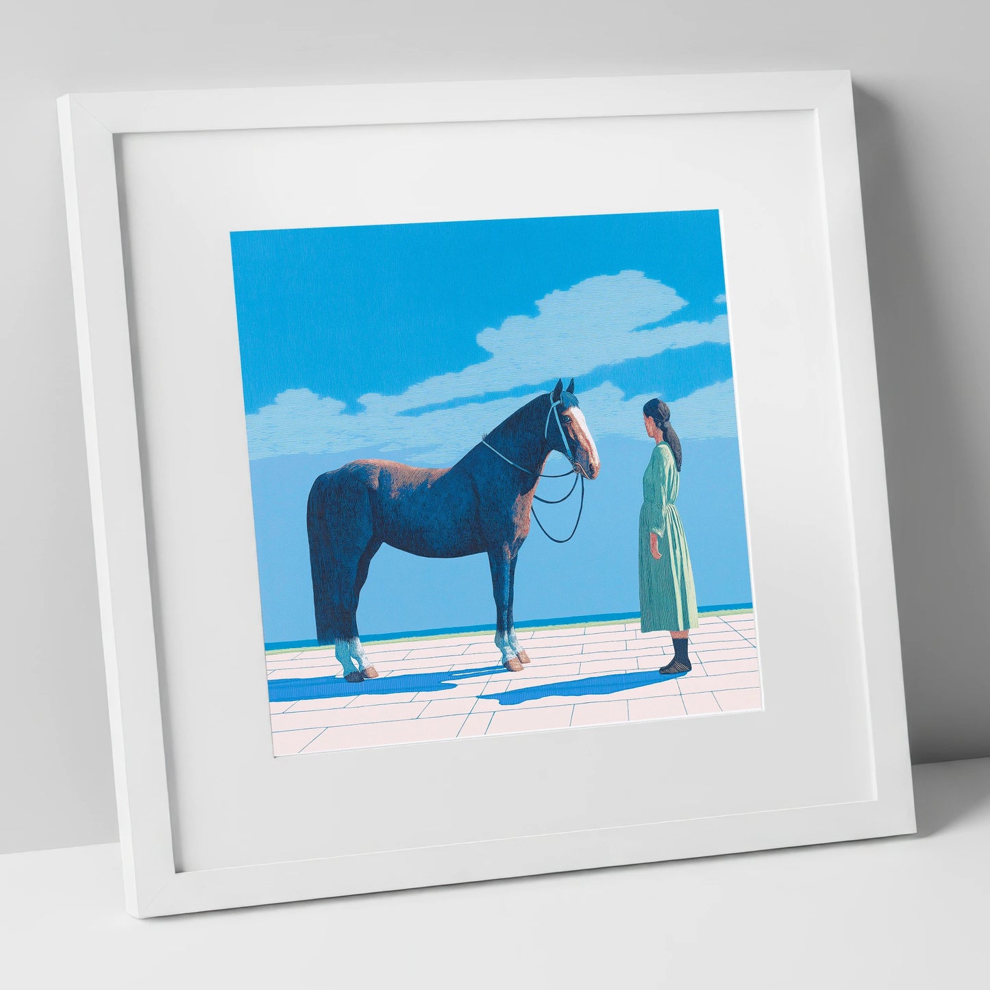 The Quiet Bond horse & rider art print in white frame