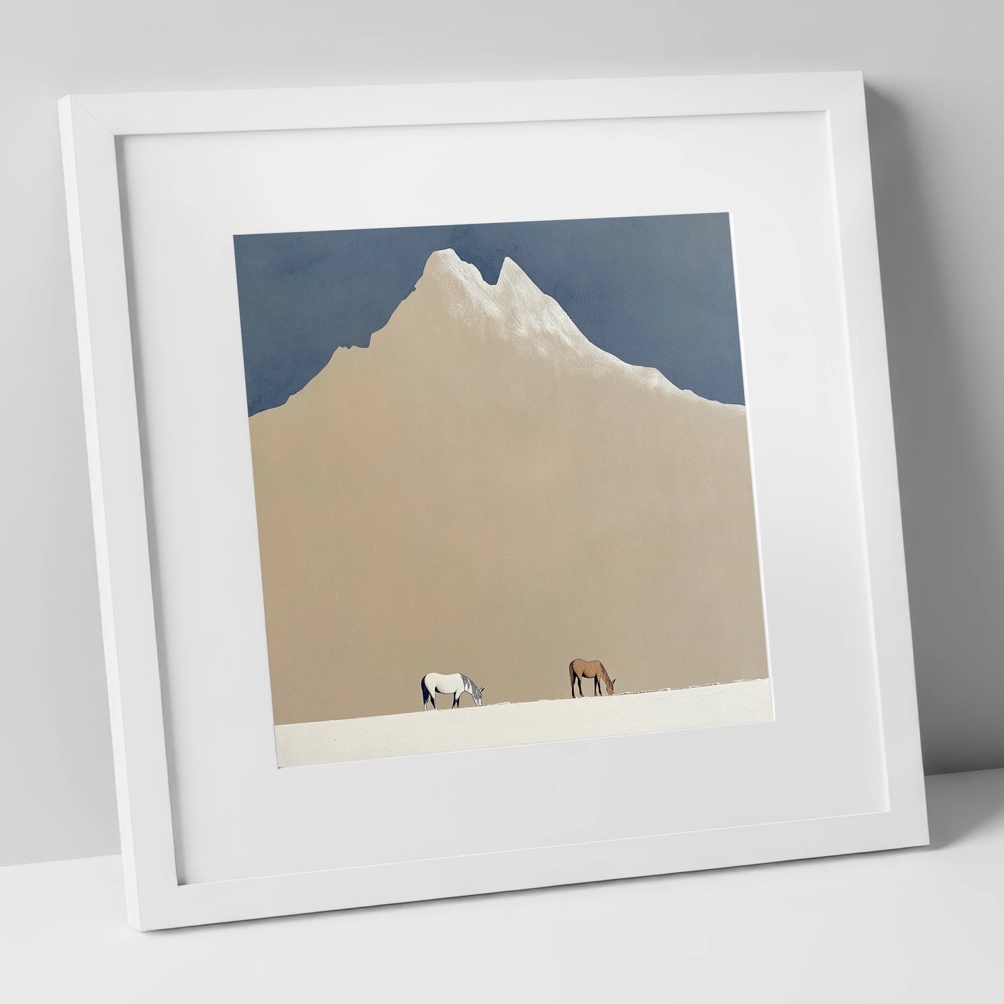 Beneath the Golden Peak horse landscape art print in white frame
