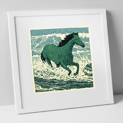 Emerald Surf Canter beach horse art print in white frame