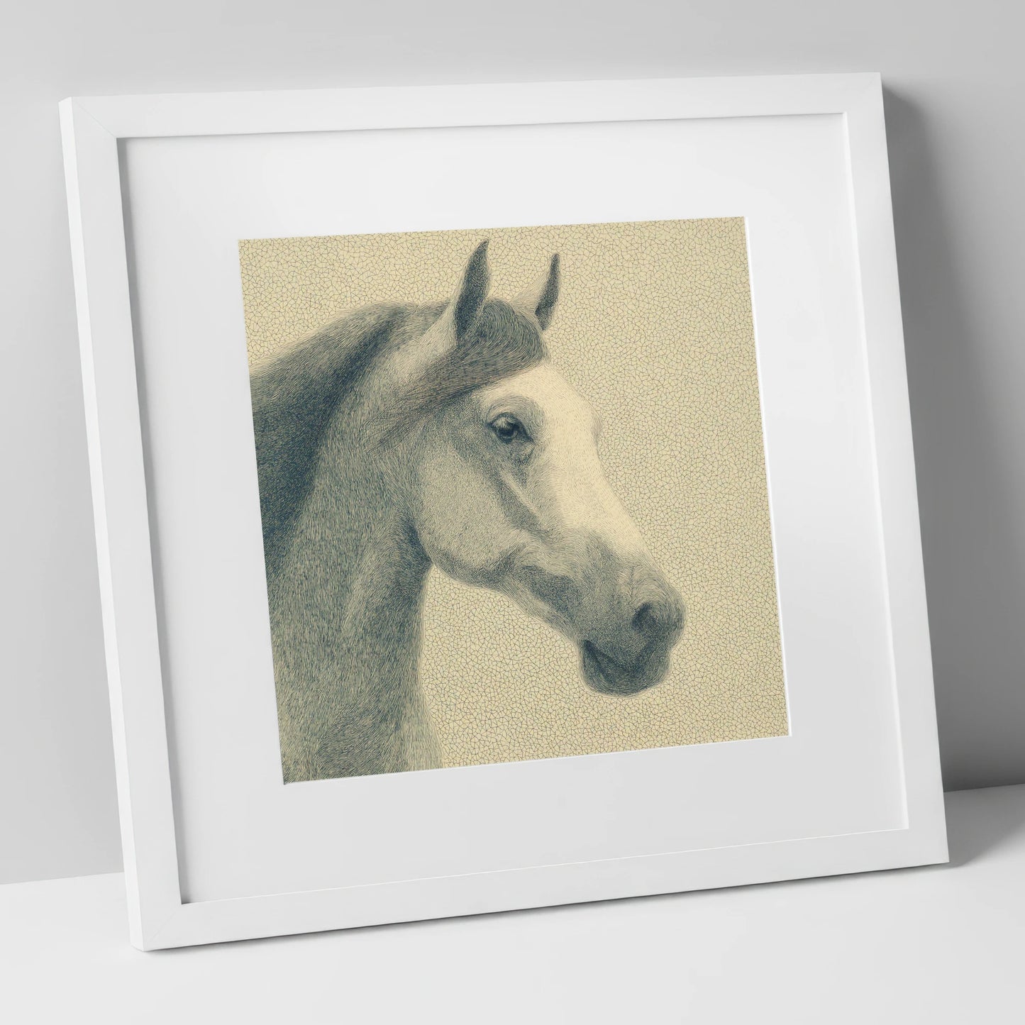 Noble Engraved Profile horse breed art print in white frame