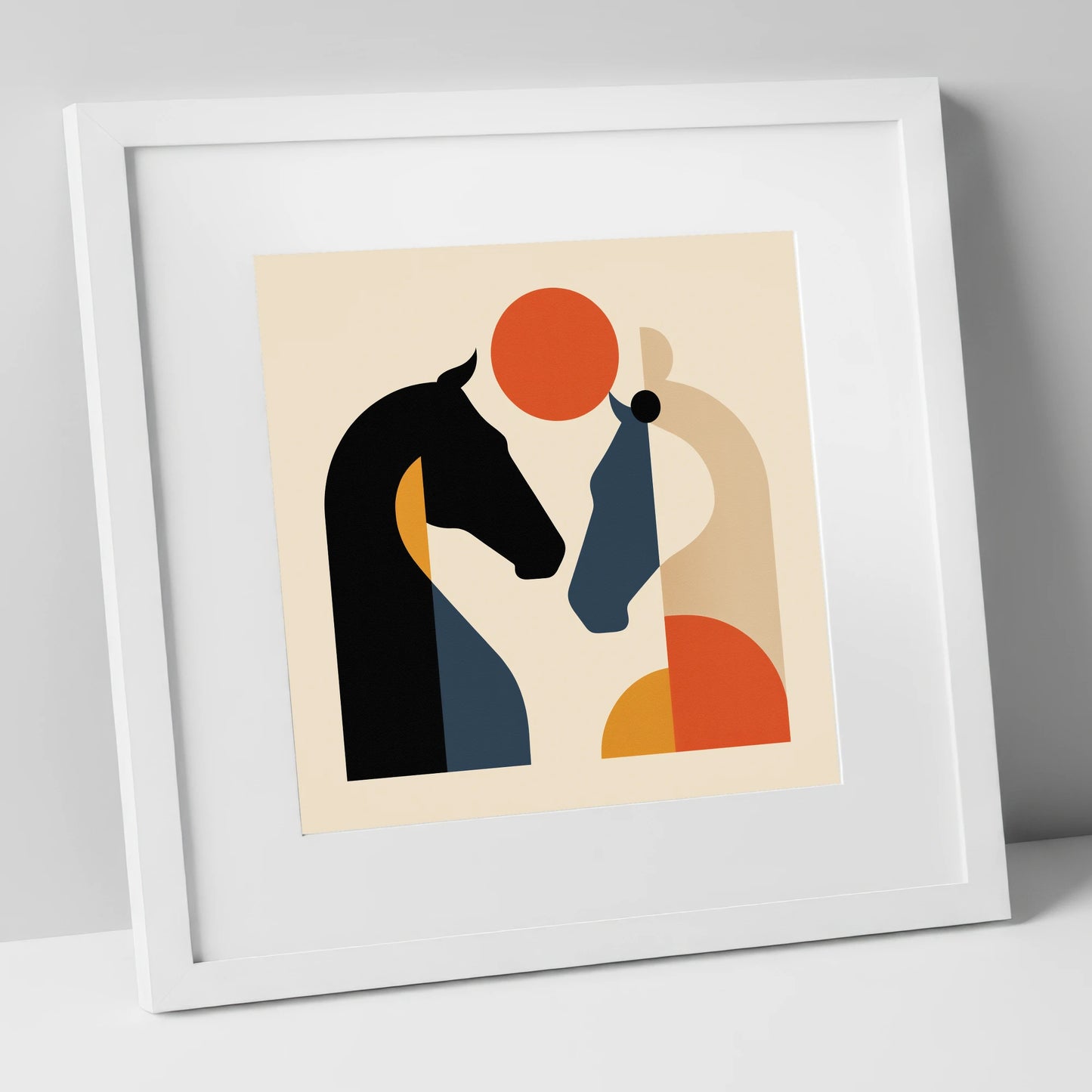 Mid-Century Equine Duo horse portrait art print in white frame