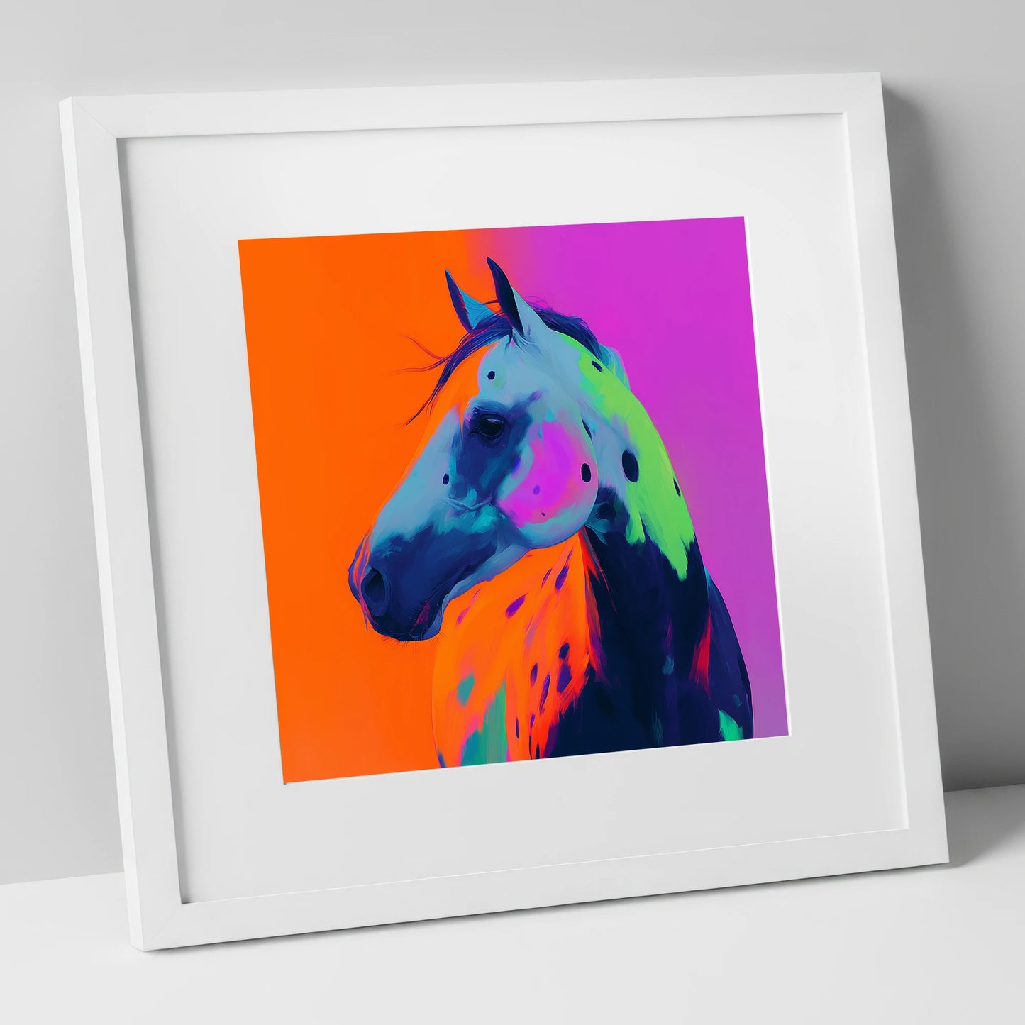 Neon Appaloosa Portrait horse breed art print in white frame